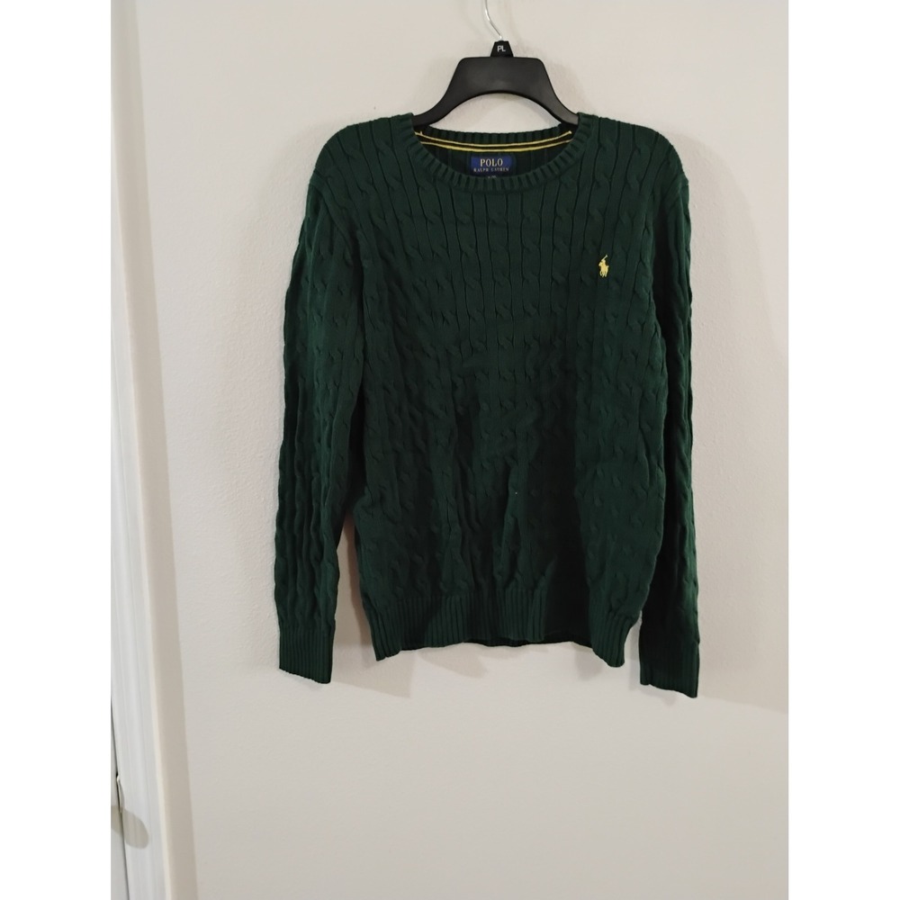Polo Ralph Lauren Boys XL 18-20 Hunter Green Cable Knit Sweater Yellow Pony